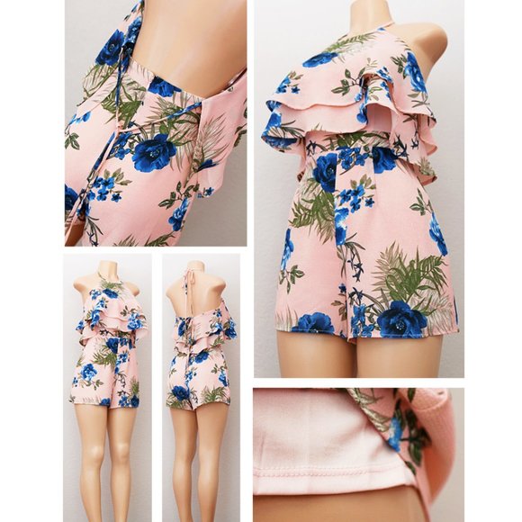 Pink Floral Flounce Ruffle Halter Tie Back Romper - Picture 6 of 8